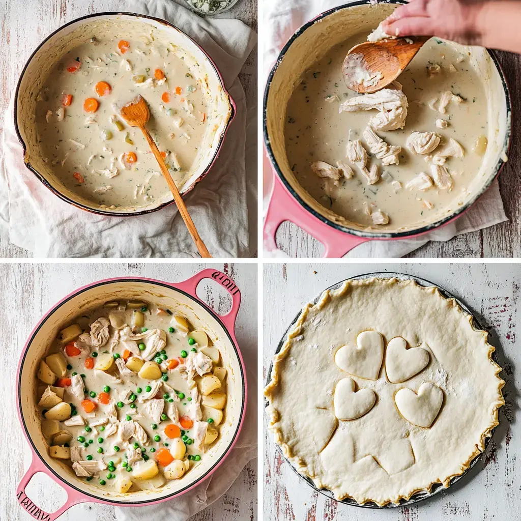 Four step-by-steps showing veggies being mixed, chicken added, everything combined, and pastry hearts laid out on top.