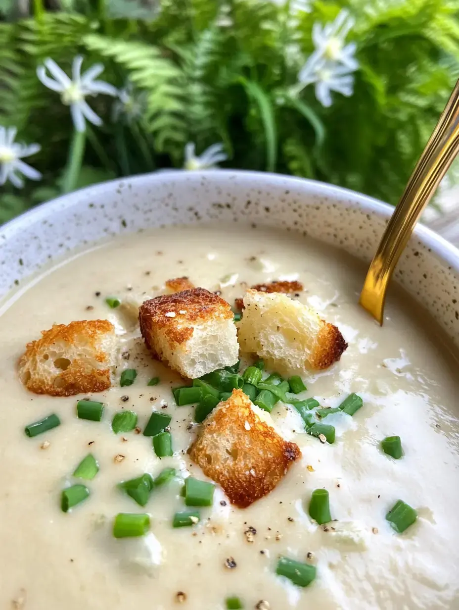 Creamy soup in a bowl with crispy croutons and chopped green onion sprinkled on top, surrounded by flowers and leafy greens.