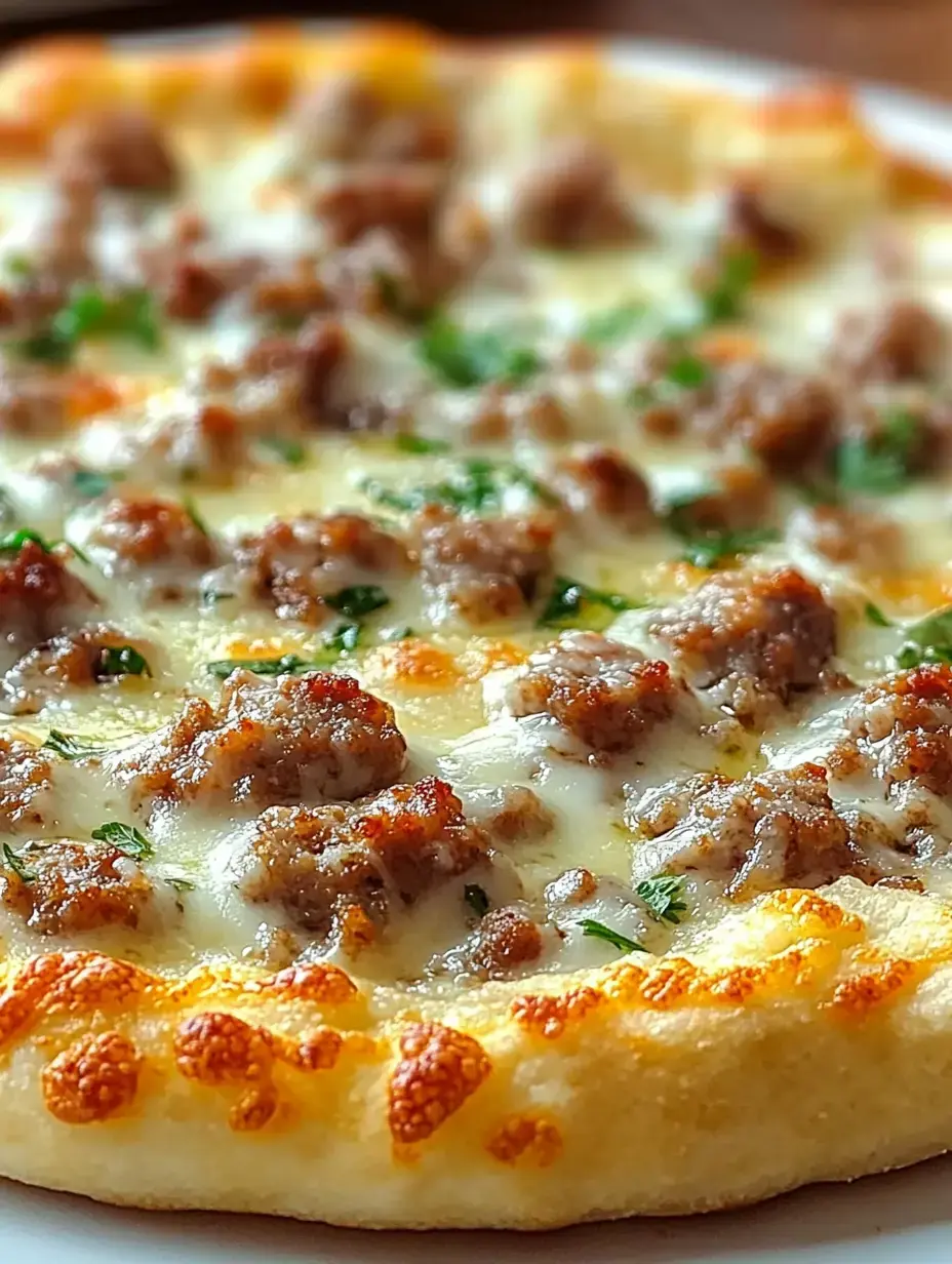 Close look at a biscuit pizza with gooey melted cheese, sausage, and chopped herbs.