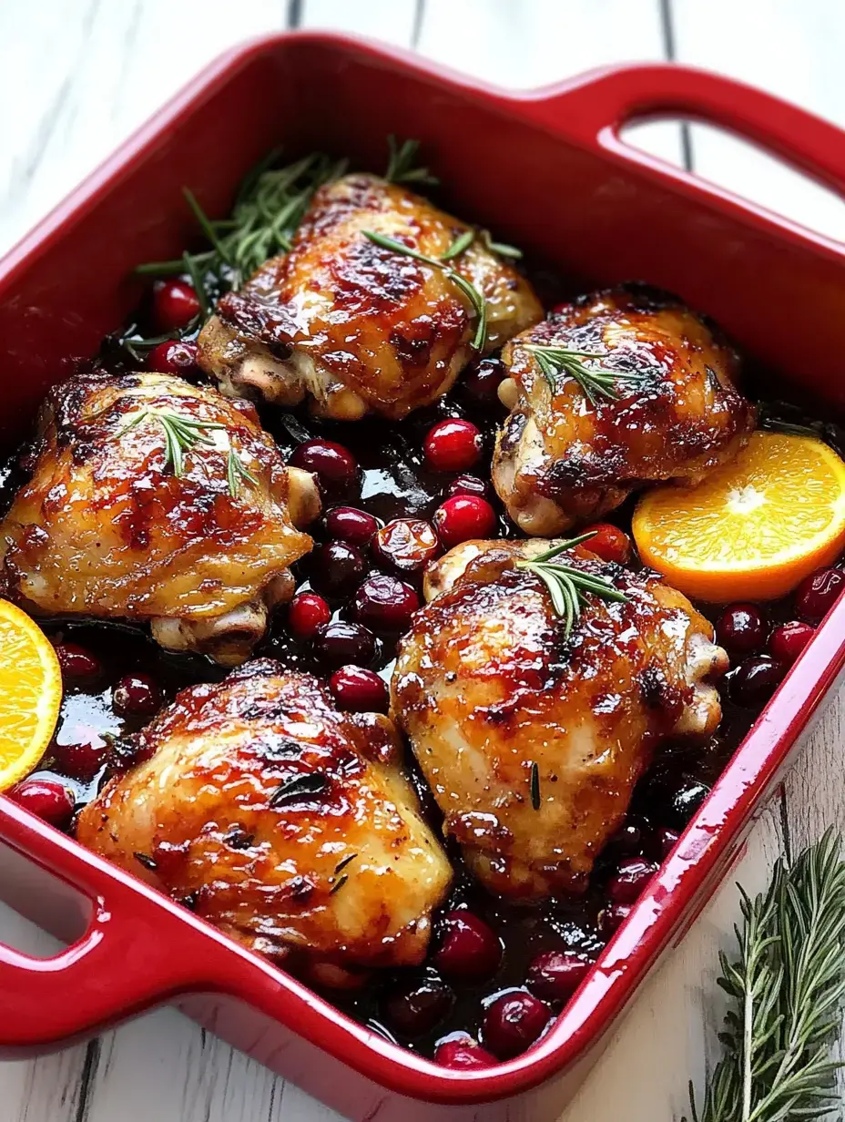 A bright red baking dish loaded with chicken thighs covered in shiny glaze, surrounded by orange slices, sprigs of rosemary, and bursts of fresh cranberries.