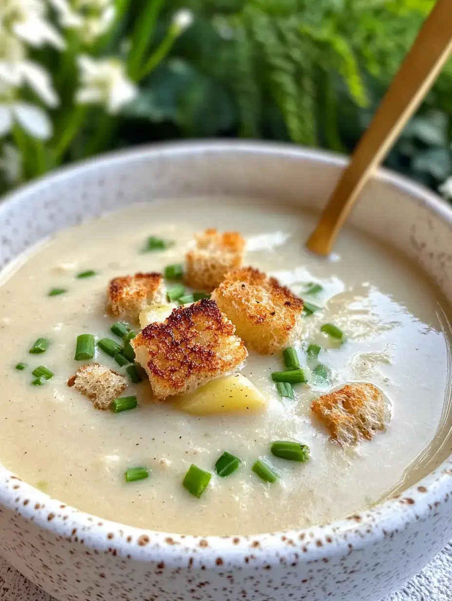Speckled bowl filled with creamy soup, hot croutons, and green chives on top, with plant leaves in the background.
