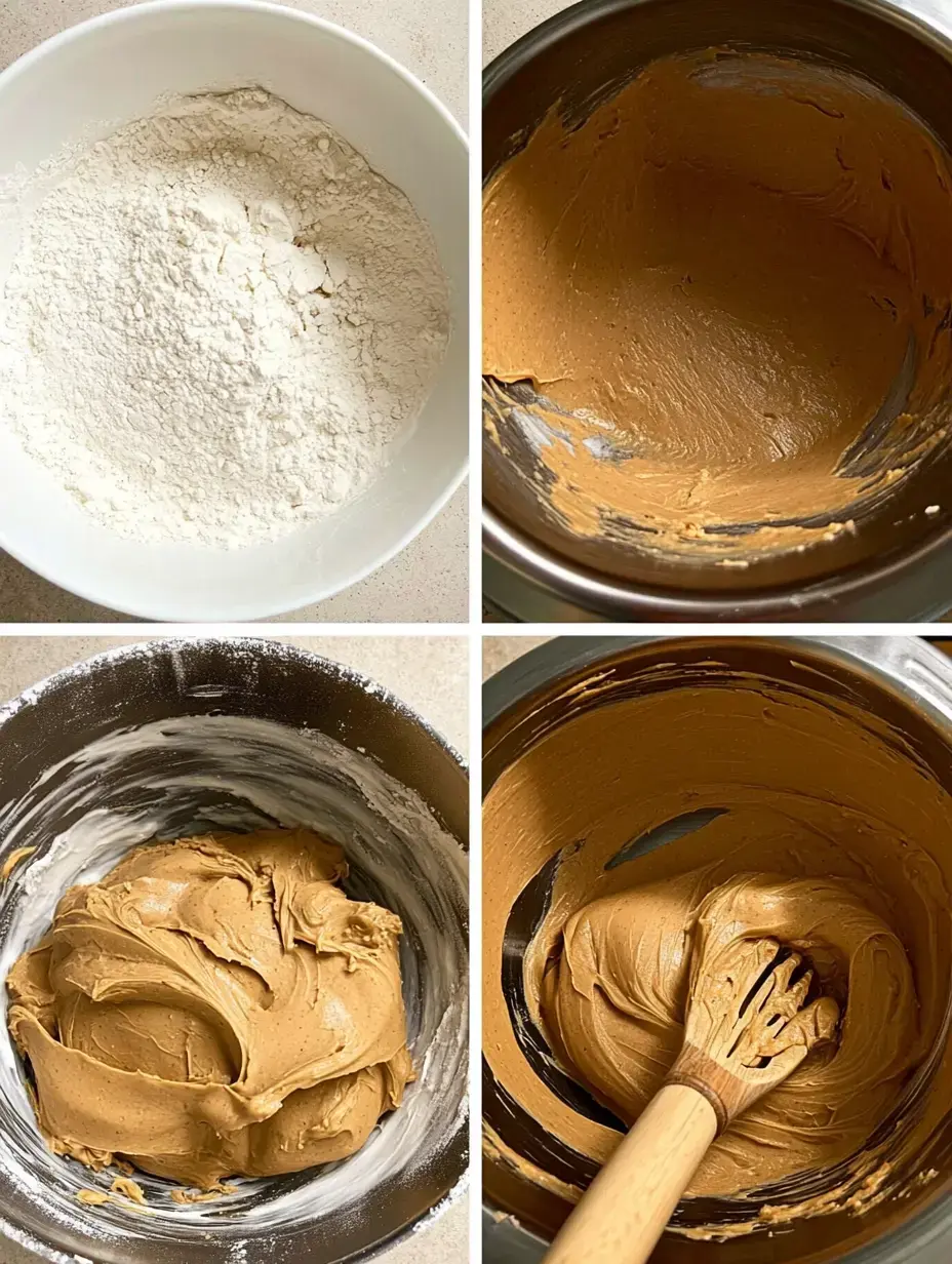 Step-by-step pics: dry ingredients in one bowl, then a creamy, doughy mix in a saucepan, all stirred with a wooden spoon.