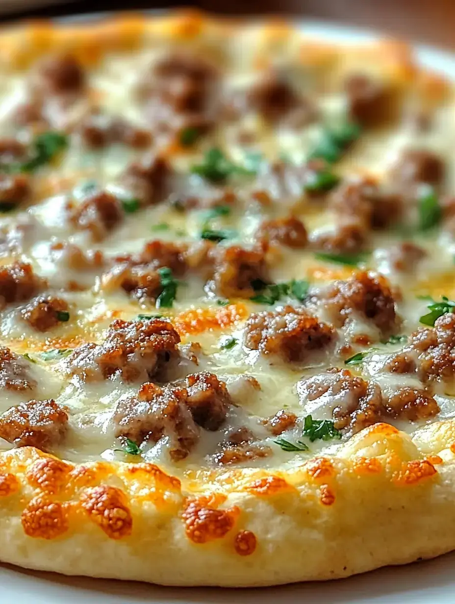 Pizza closeup with oozing cheese, spiced sausage, and a sprinkle of green herbs.