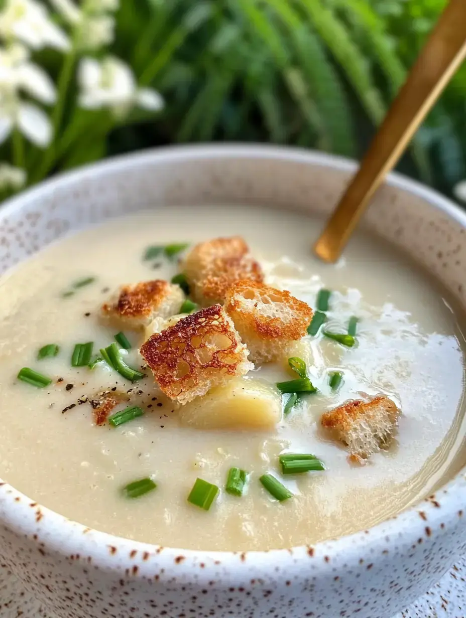 Creamy soup filled with crunchy croutons and sliced green onions, sitting in front of a scene of green leaves.