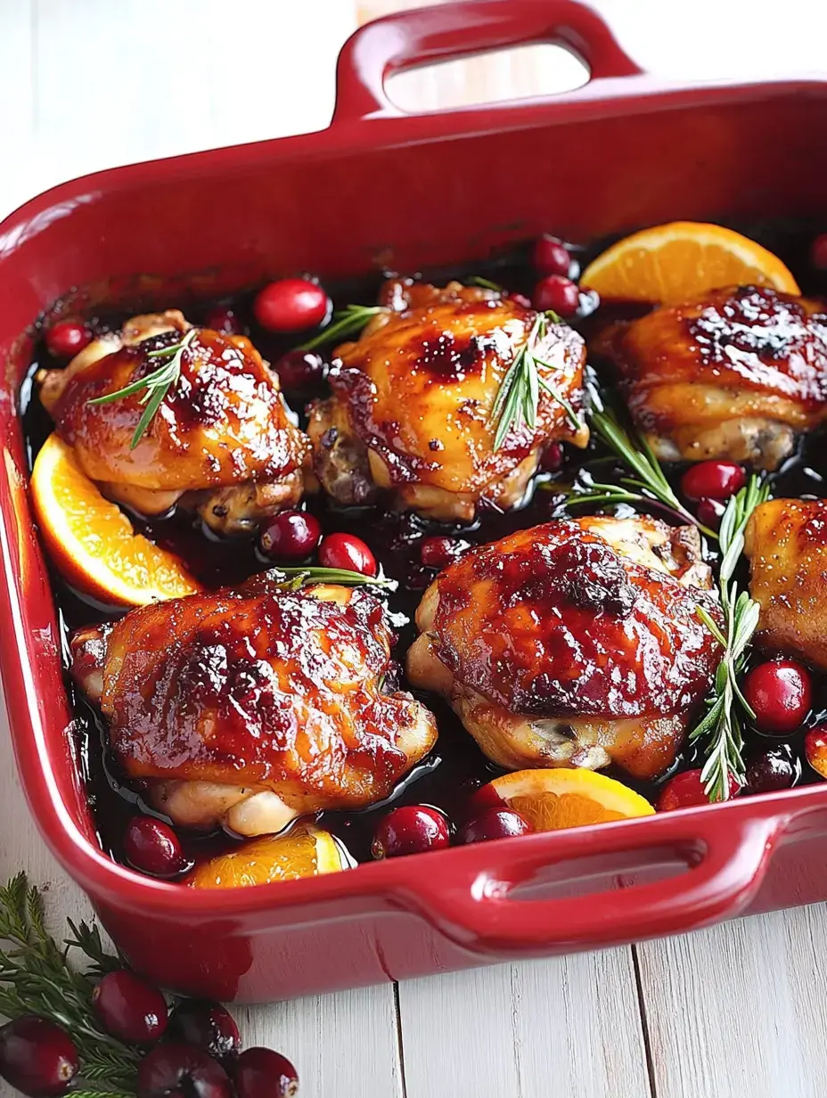 A vibrant red baking dish packed with chicken thighs in a sticky glaze, nestled among orange rounds and fresh cranberries, finished with rosemary sprigs.
