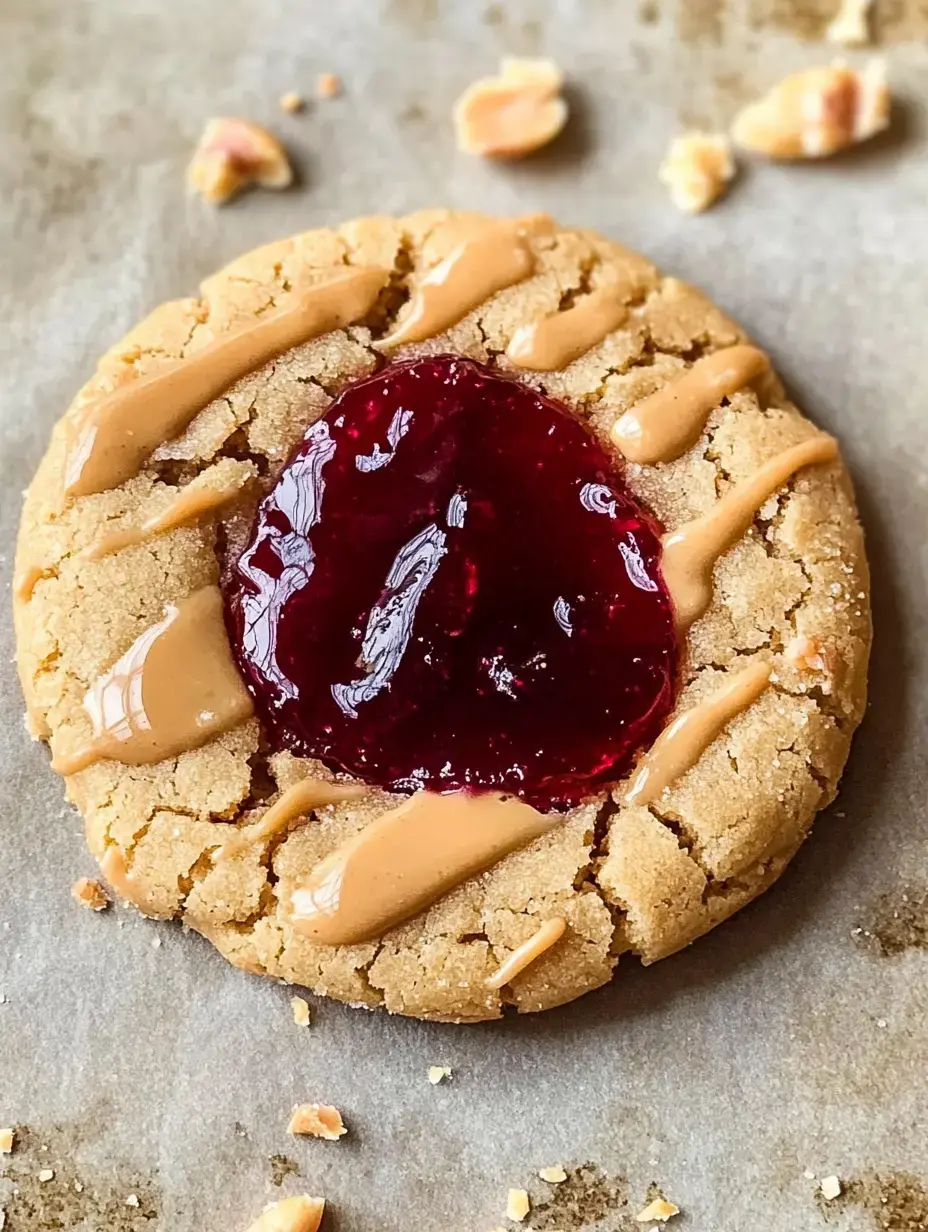 Close-up of a PB cookie crowned with raspberry jam and a peanut butter drizzle, scattered peanuts nearby on the tray.
