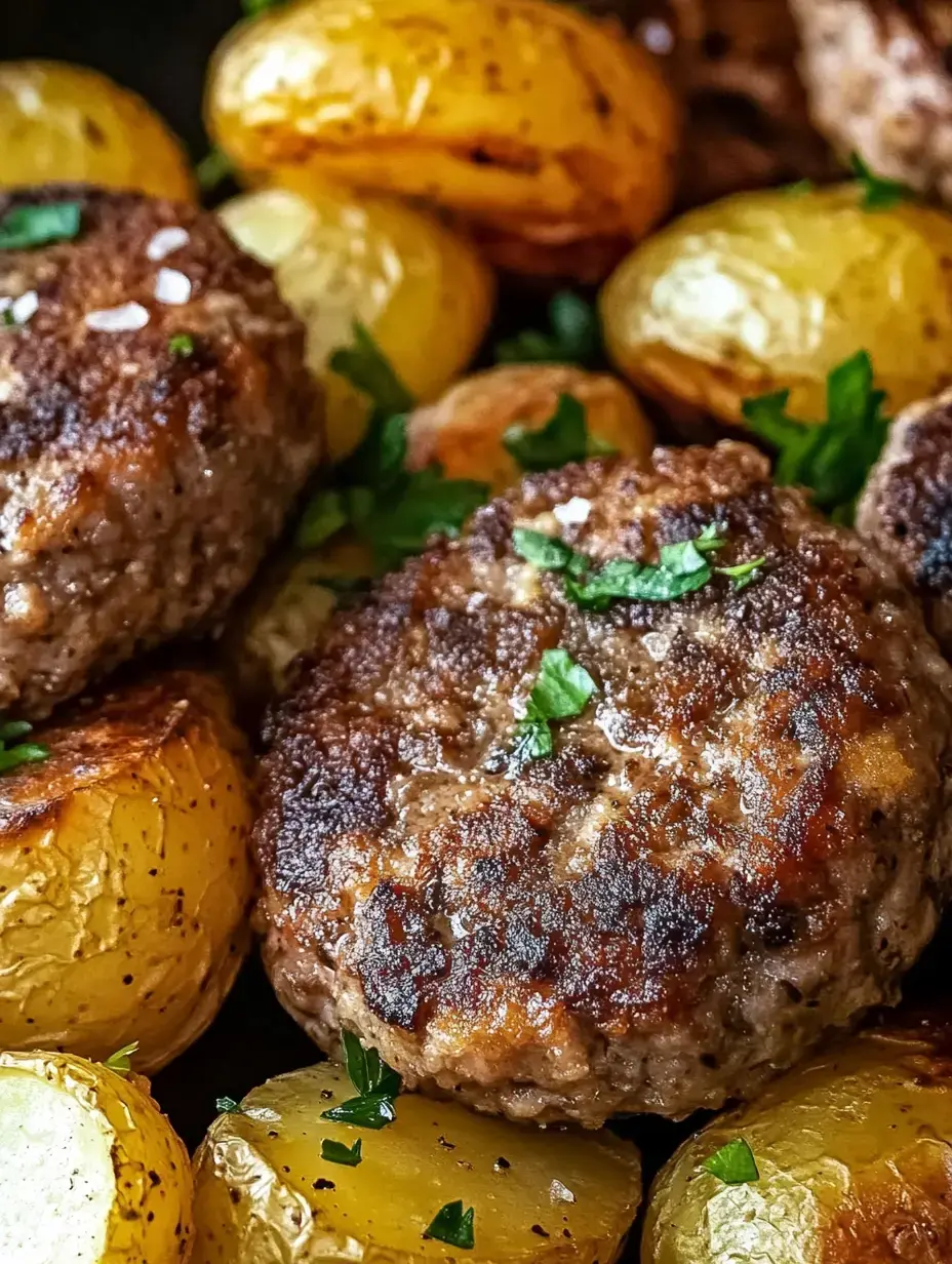 Browned, juicy meat patties with crispy roast potatoes topped with parsley, close up.