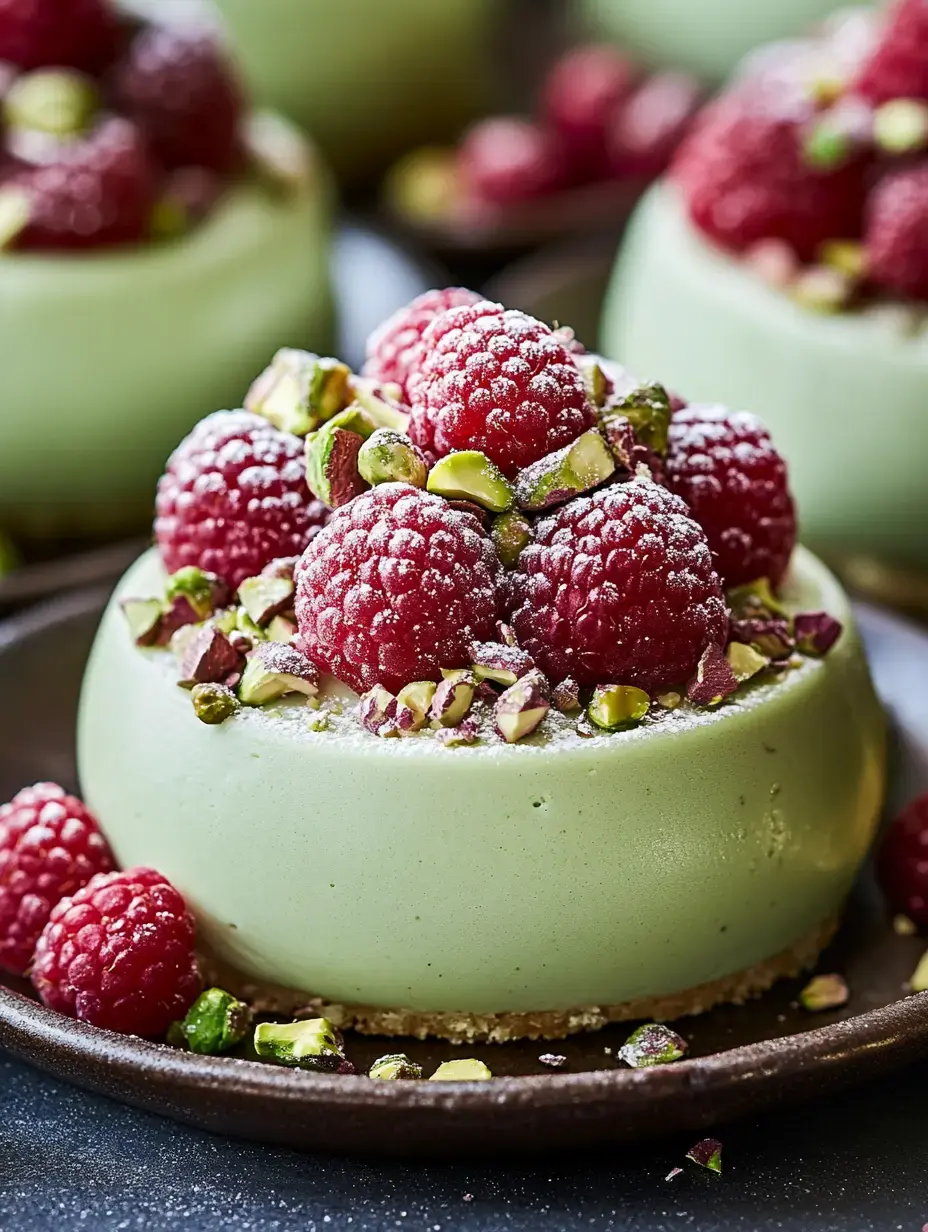 Gorgeous green dome dessert with plump raspberries, cracked pistachios, and a touch of powdered sugar on top.