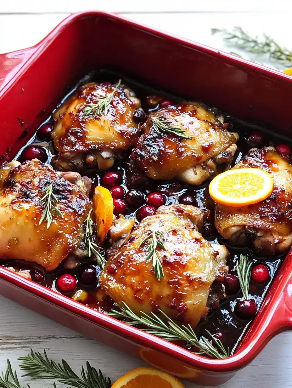 A big red dish full of baked chicken thighs in glistening sauce, scattered with cranberries and finished with rosemary and slices of orange.