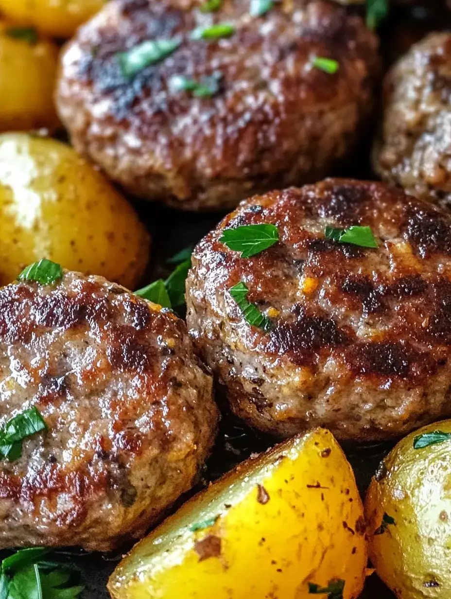 Roasted potatoes and crispy meat patties topped with chopped herbs, up close.