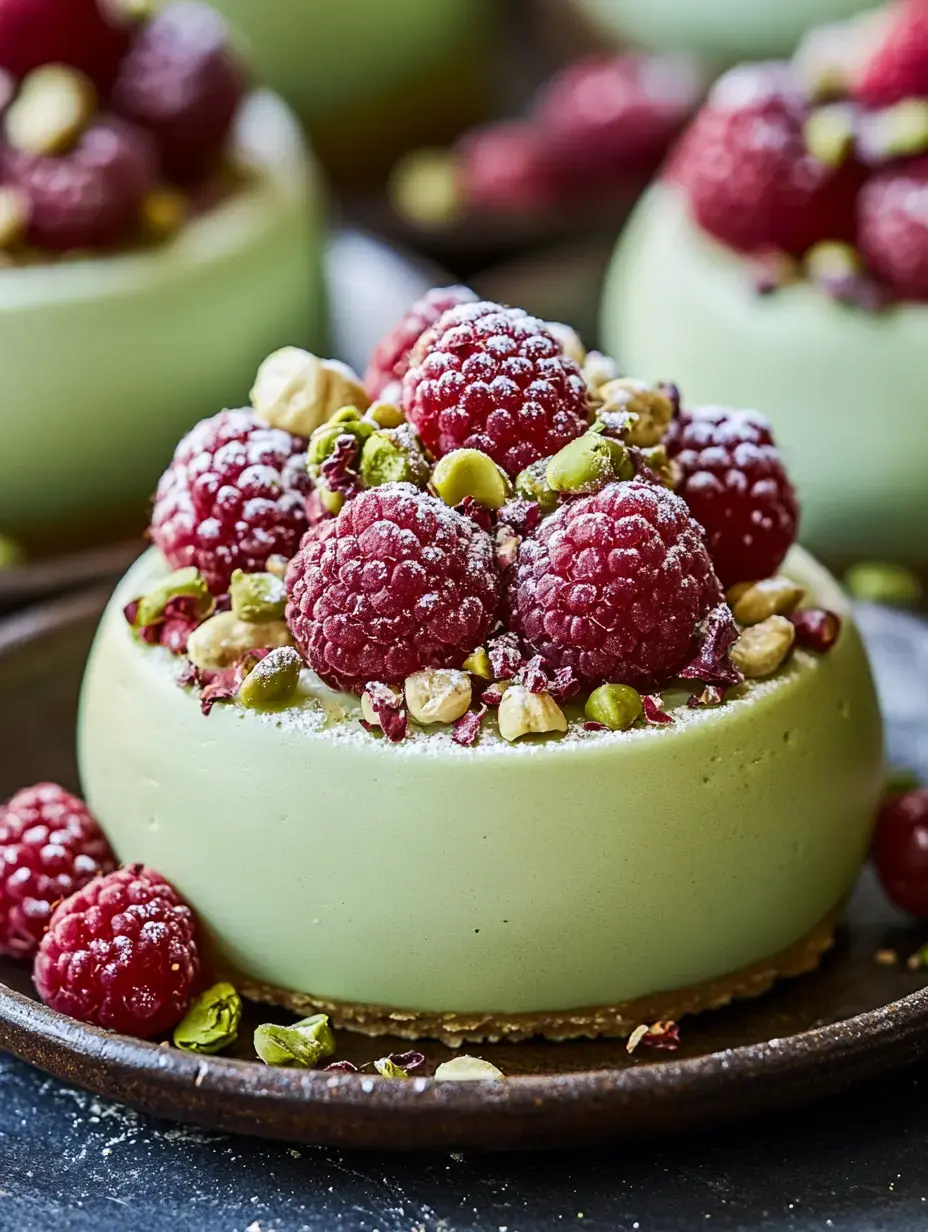 Close-up of creamy green domes with juicy raspberries and chopped pistachios stacked on a dark dish.