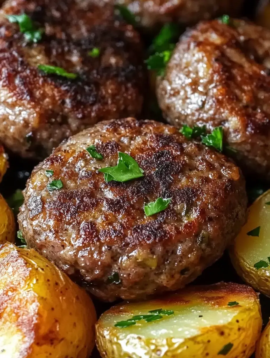 Crispy golden meat patties with parsley, next to crunchy roasted potatoes, close up.
