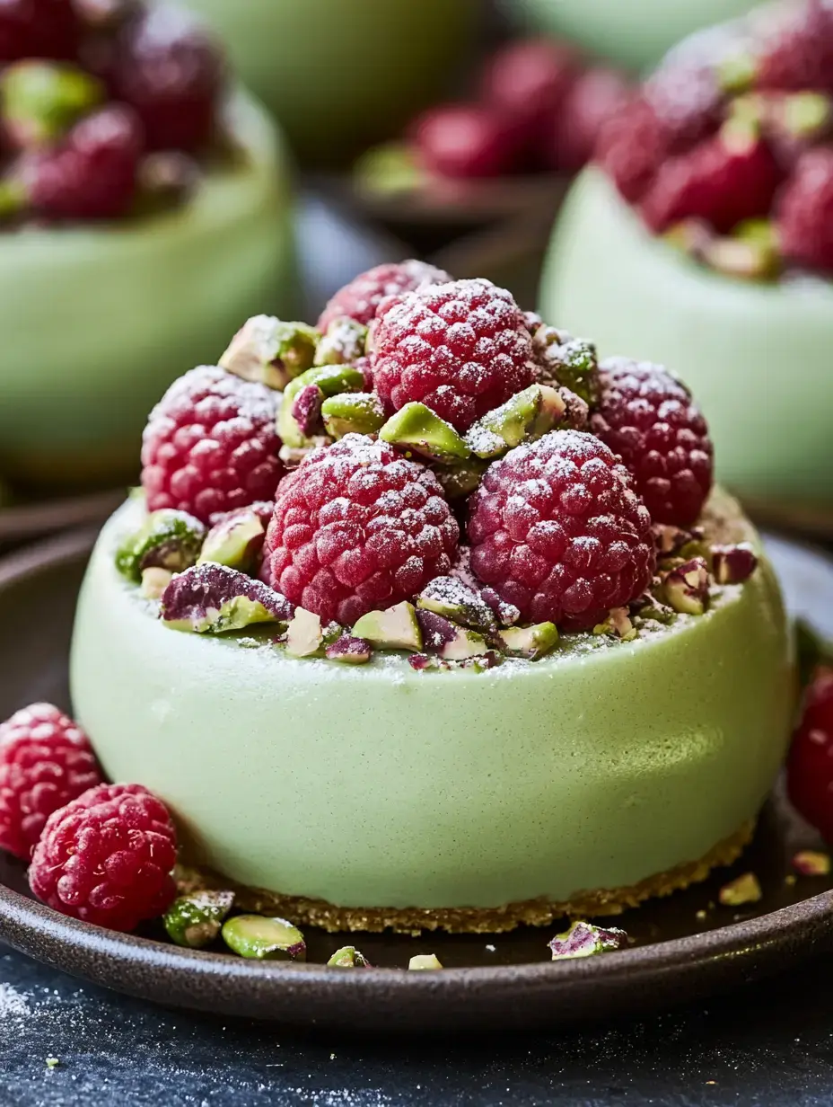 Plate with fluffy green mousse domes, juicy raspberries, pistachio bits, and a dusting of sugar.