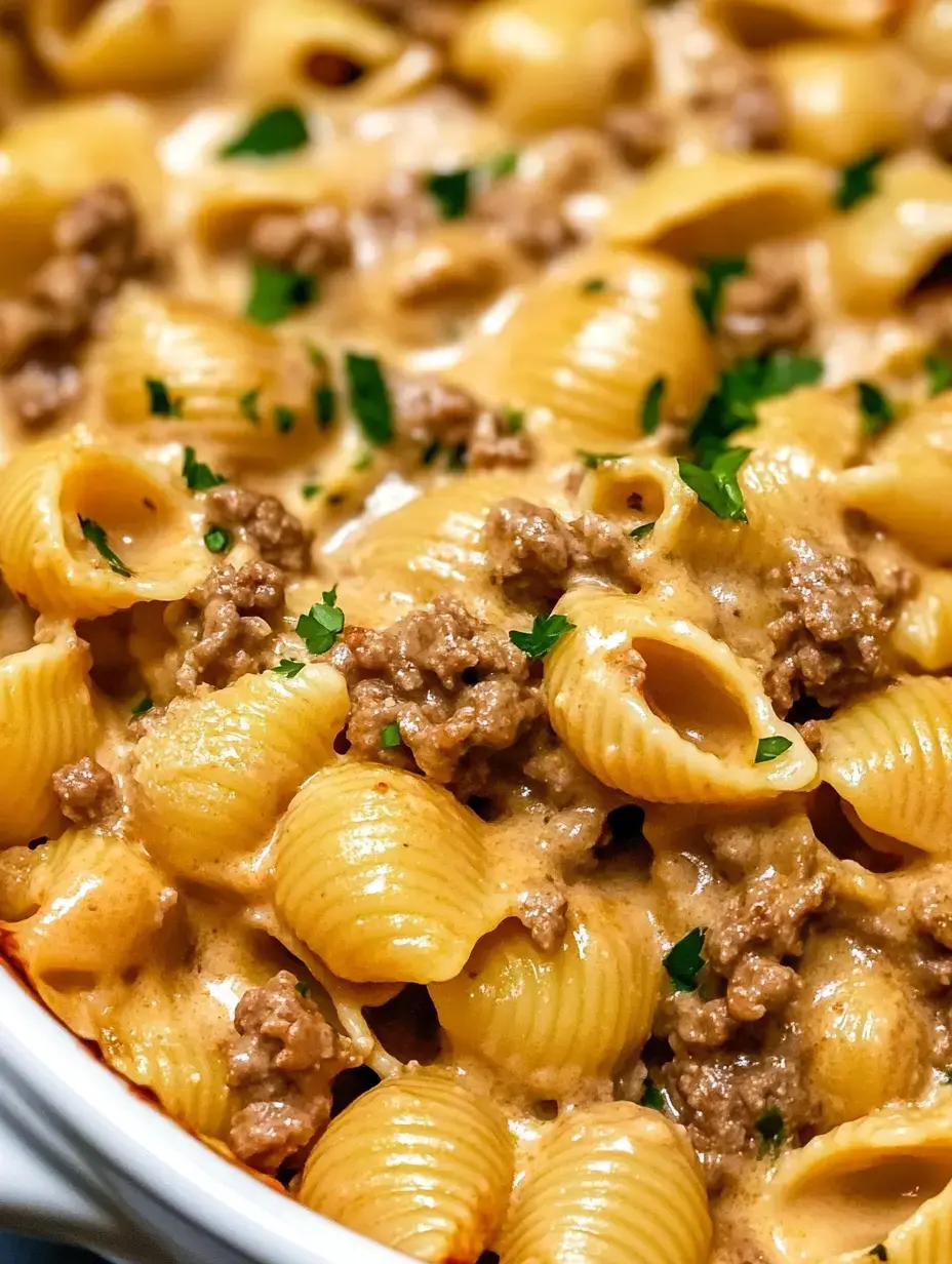 A dish of pasta shells in a thick cheesy beef sauce with a sprinkle of parsley on top.
