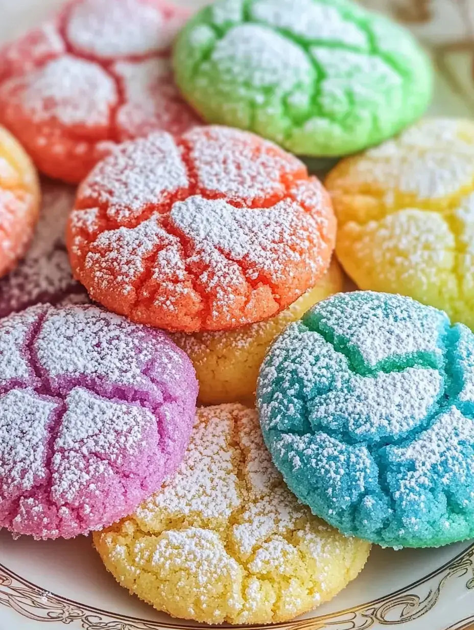 A bunch of vibrant cookies in lots of colors, dusted with powdered sugar and lined up in pink, orange, yellow, green, and blue.