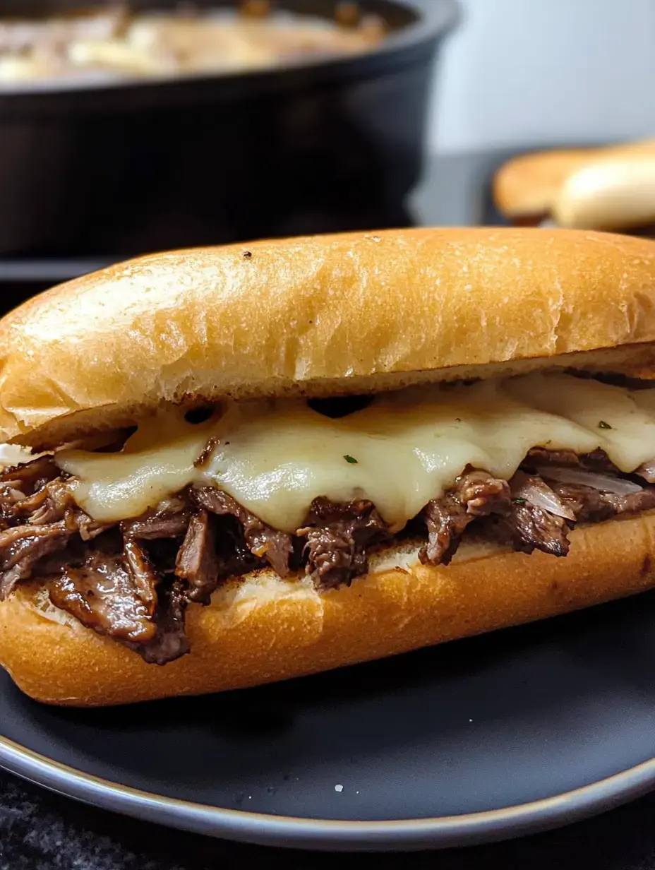 Juicy shredded beef and gooey cheese stuffed inside a pillowy sandwich roll, close up.