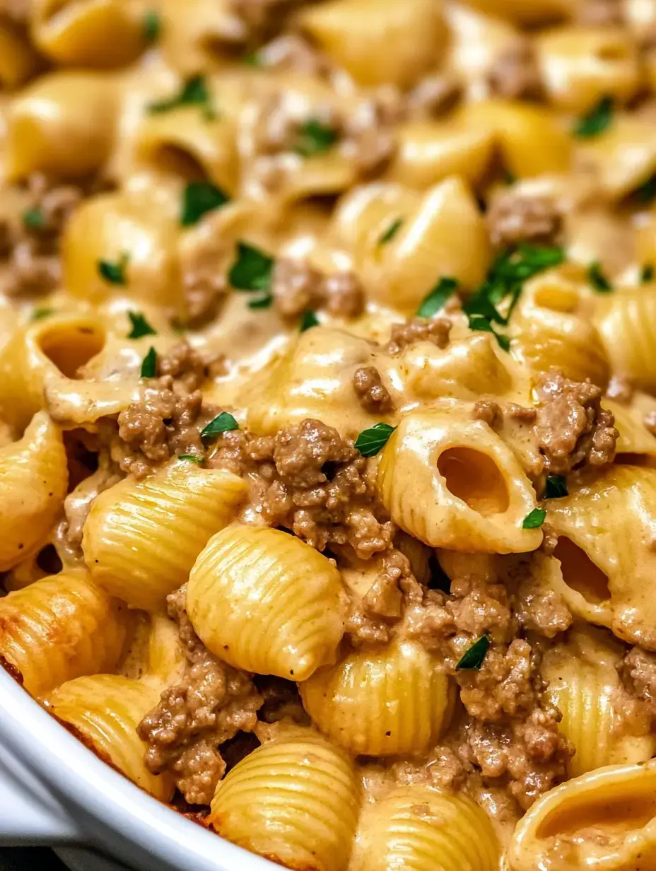 Zoomed-in view of shell pasta with beef in creamy sauce and parsley.