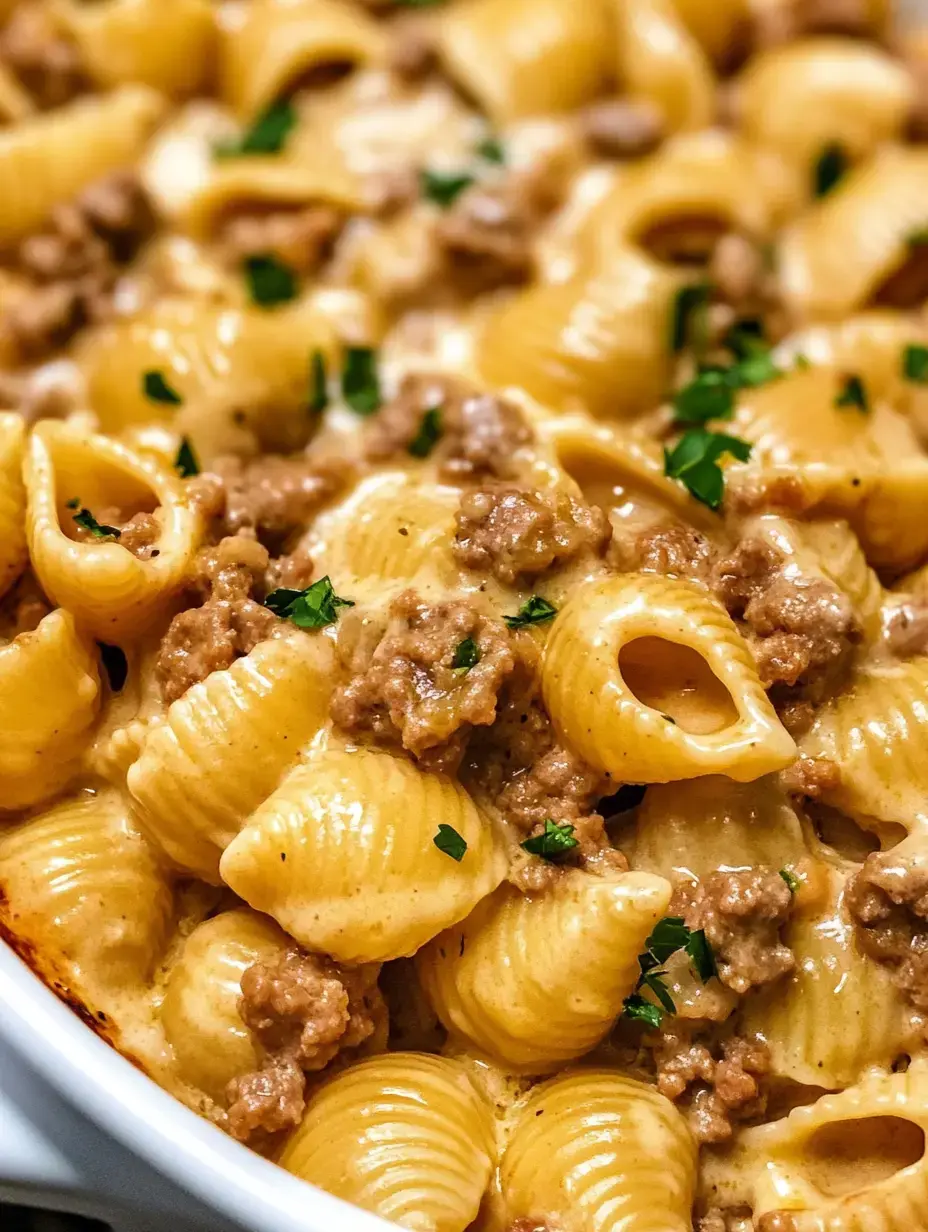 Close-up of shell pasta in rich, creamy beef sauce with fresh herbs.