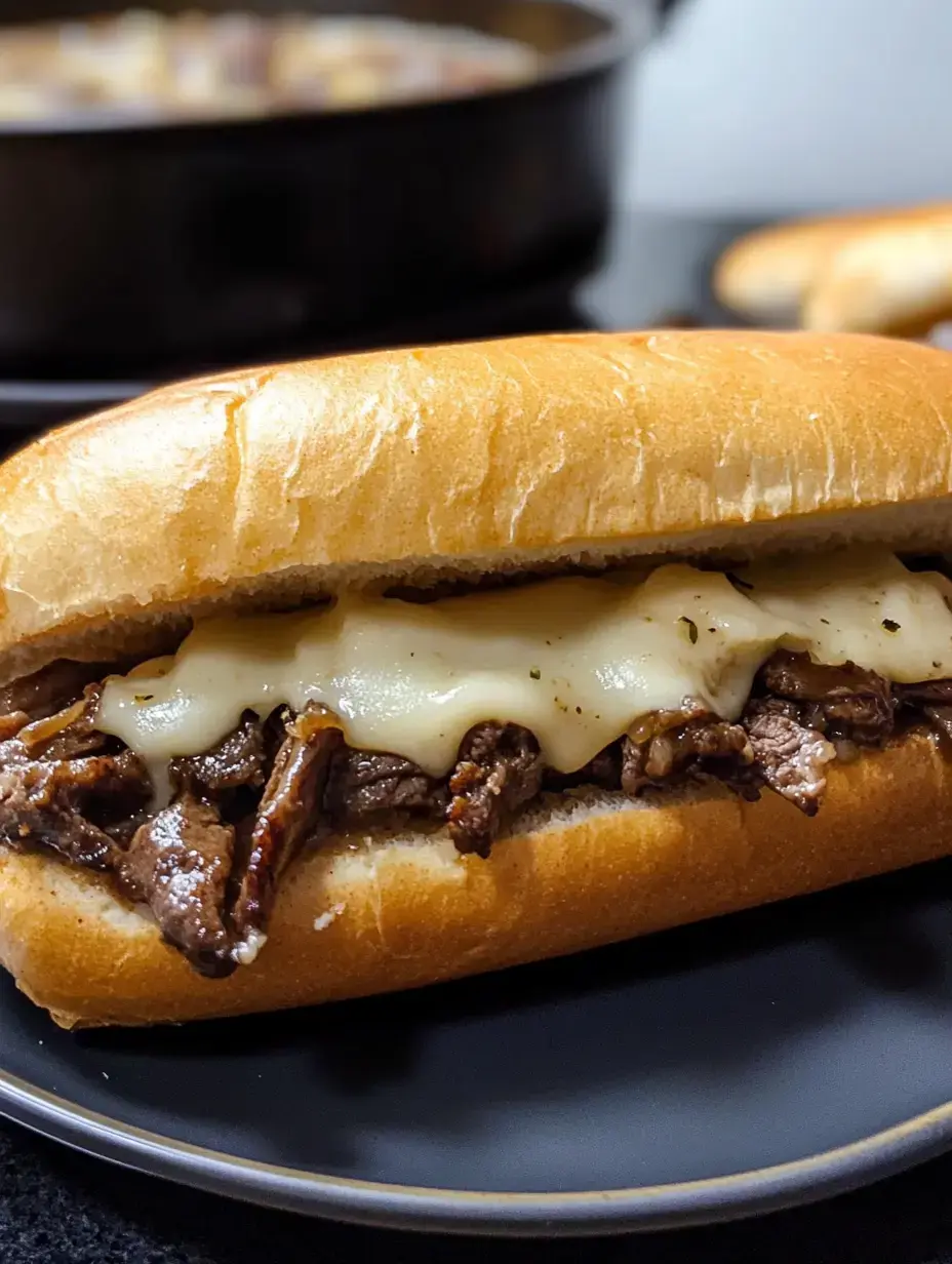 Pulled beef and melty cheese packed in a soft roll, with a soup pot peeking out behind.