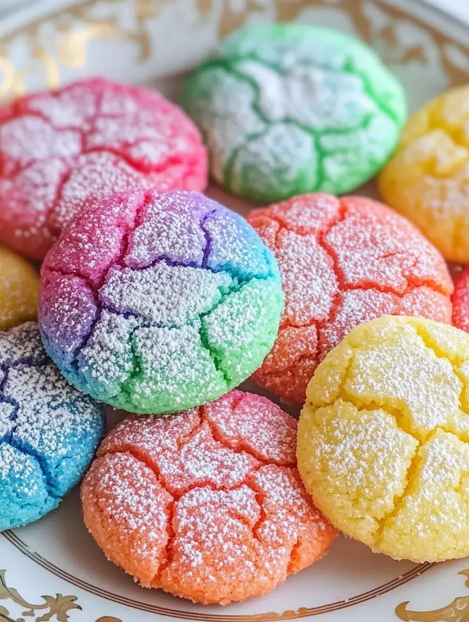 A plate is topped with all sorts of bright powdered sugar crinkle cookies, showing off every color.