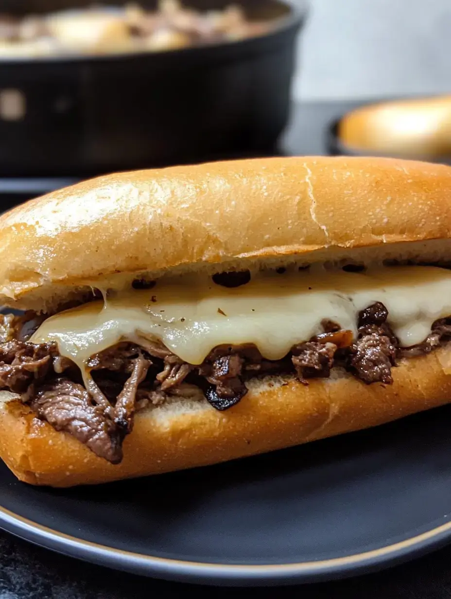 Crunchy toasted sandwich packed with juicy sliced beef and cheese on a soft hoagie, close-up view.