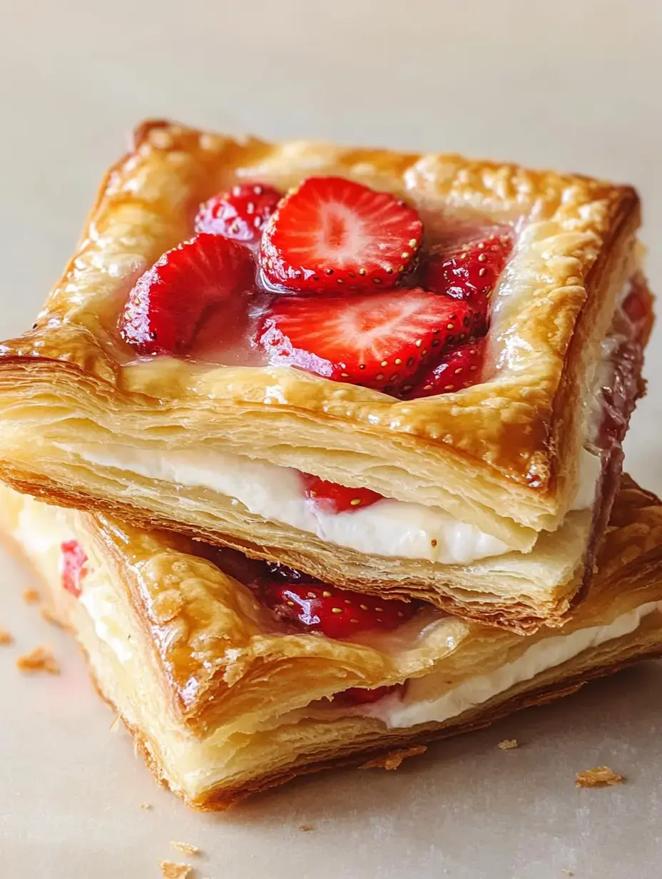 Two square pastries stacked and topped with strawberries and sweet cream, showing flaky layers.