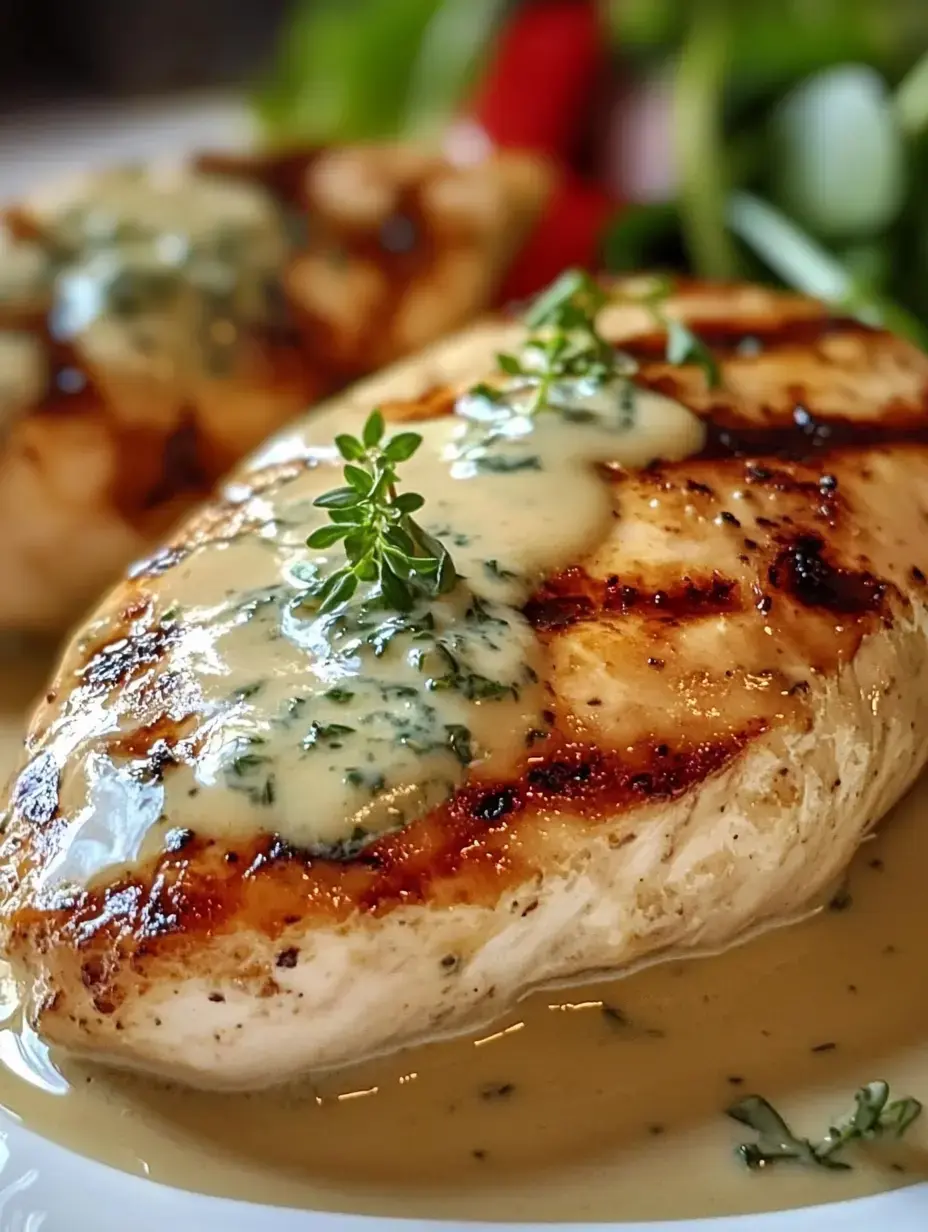 Golden chicken breast with a tasty herb sauce and thyme, sided with fresh greens.