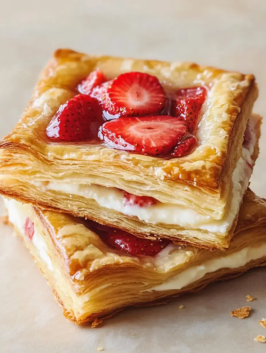 Flaky pastry layered with smooth filling and topped with strawberries and shiny glaze.