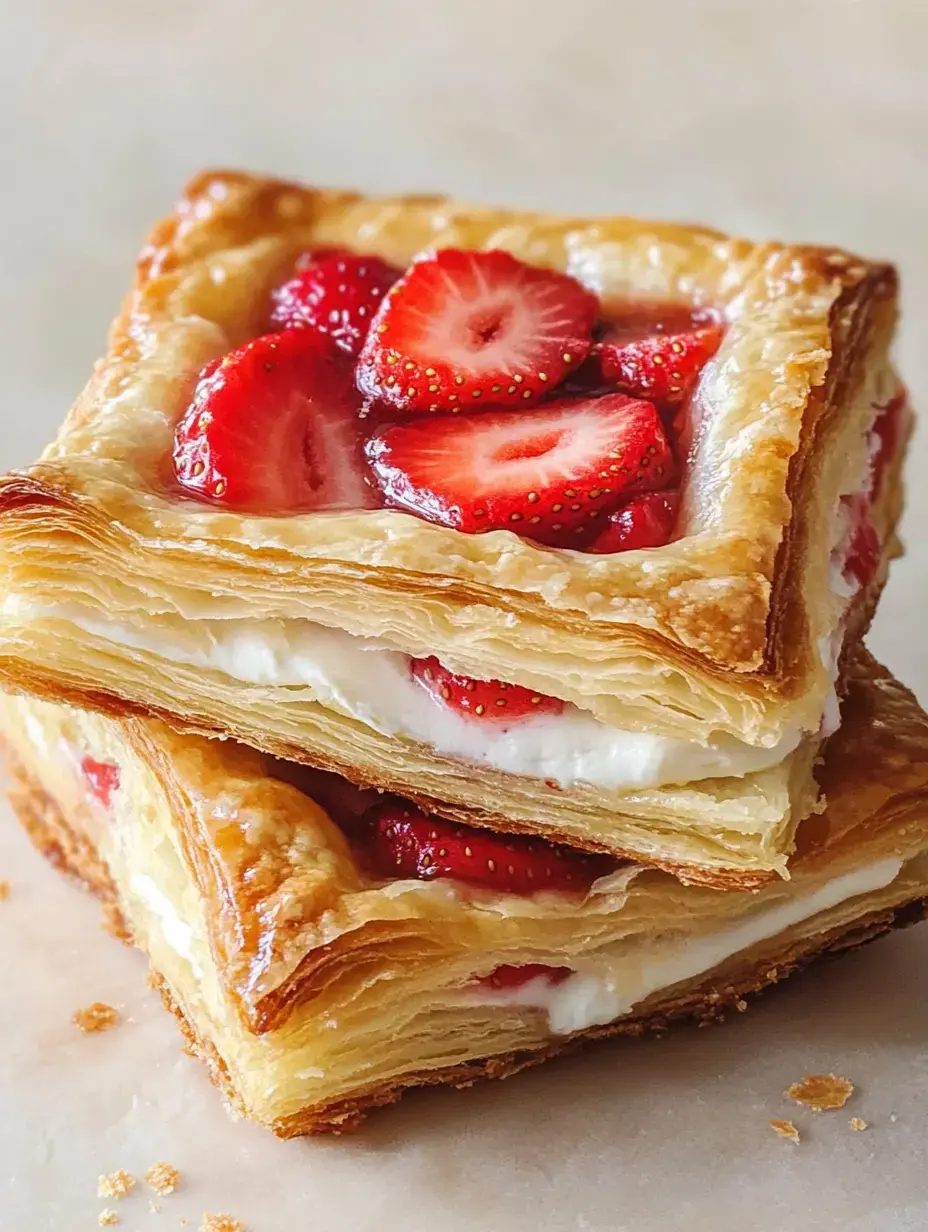 Flaky squares of pastry layered with creamy cheese, topped with sliced strawberries.