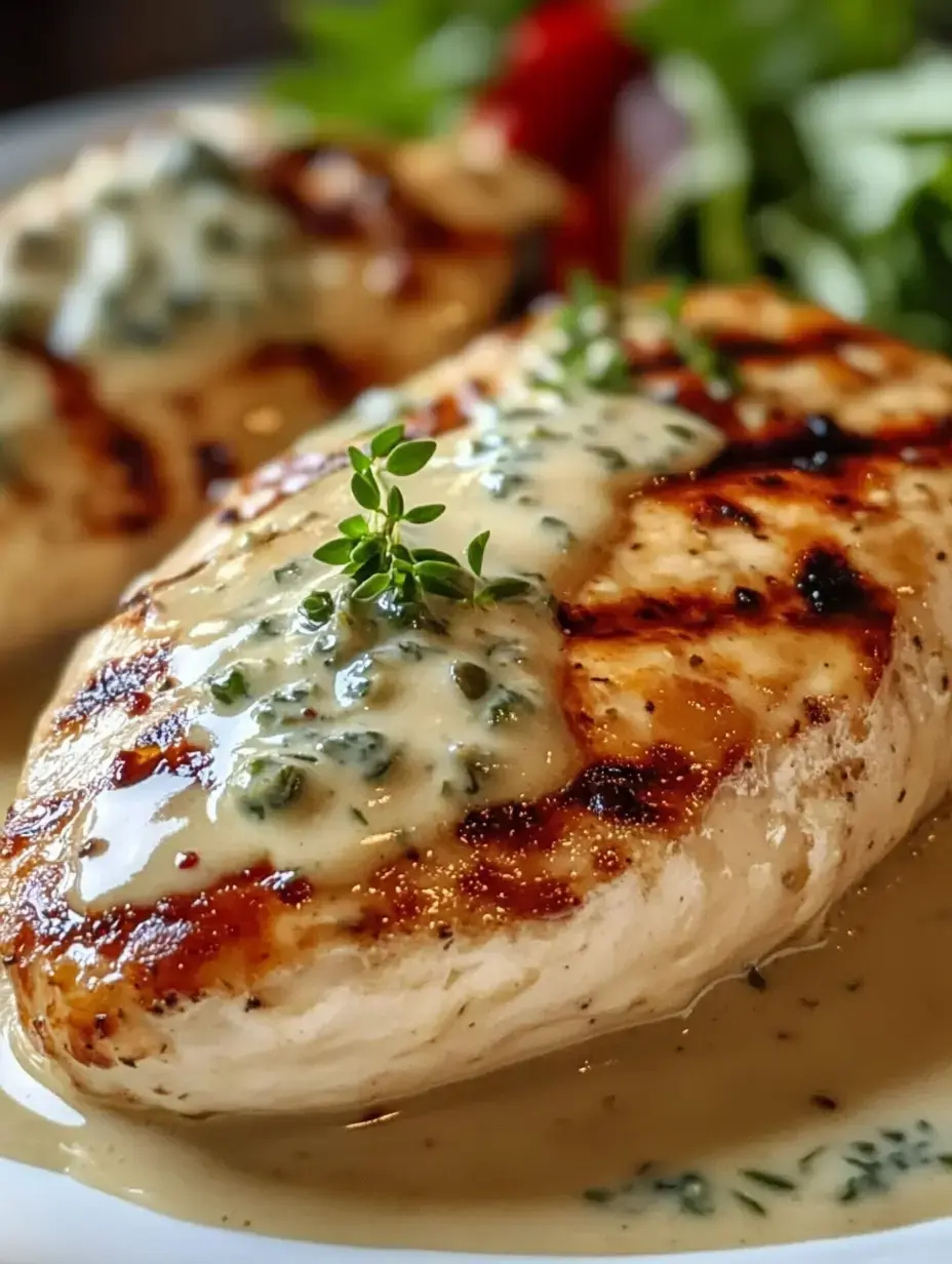 Chicken breasts topped with creamy herbed sauce and a salad on the side.