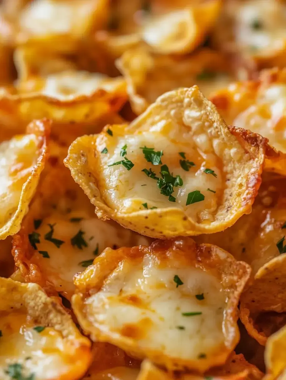 Zoomed-in look at crunchy tortilla chips with lots of melty cheese and some fresh parsley on top.