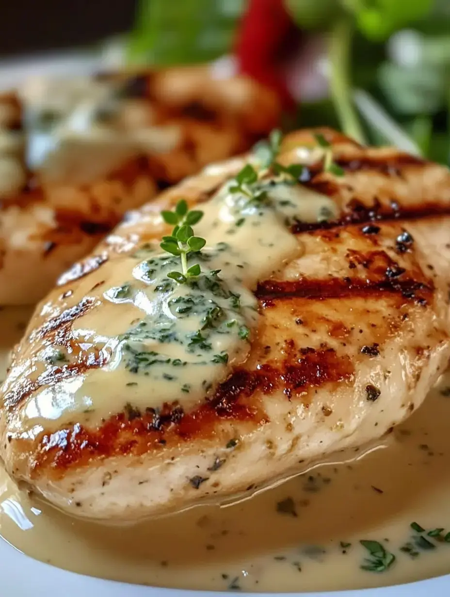 Creamy herbed chicken breast with thyme and greens on a plate.