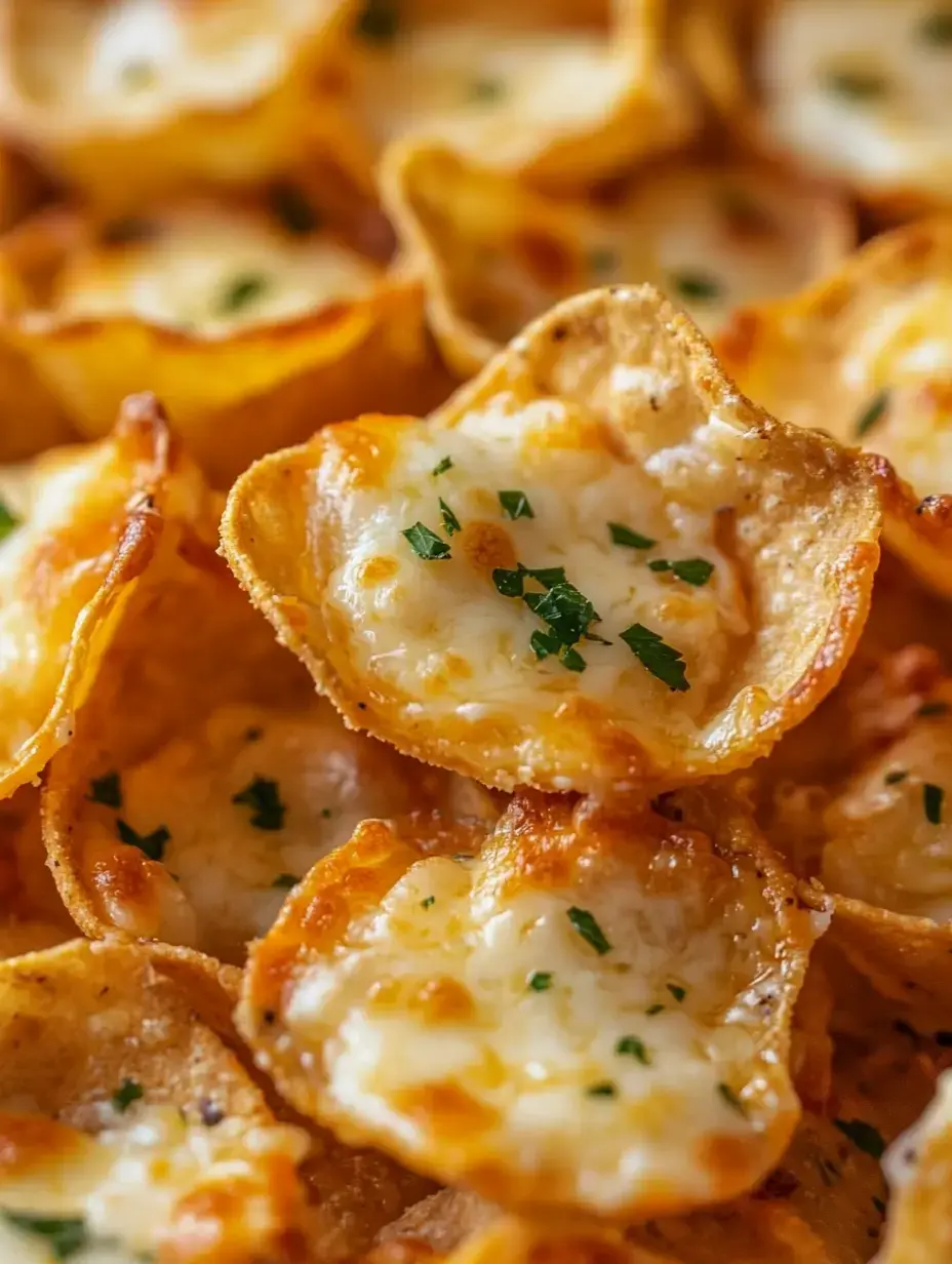 Super close shot of crispy tortilla cups with gooey cheese inside and a sprinkle of parsley on top.