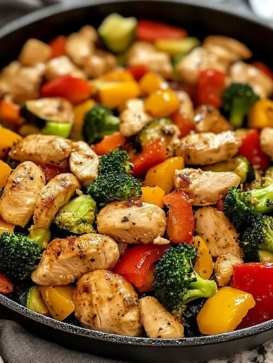 Tender chicken and colorful veggies like bell peppers and broccoli filling up a hot skillet.