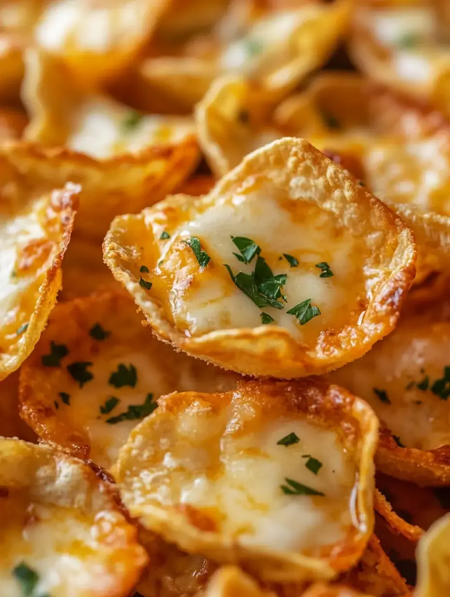 Up-close shot of crunchy, golden fried wontons with bubbling cheese and chopped parsley on top.