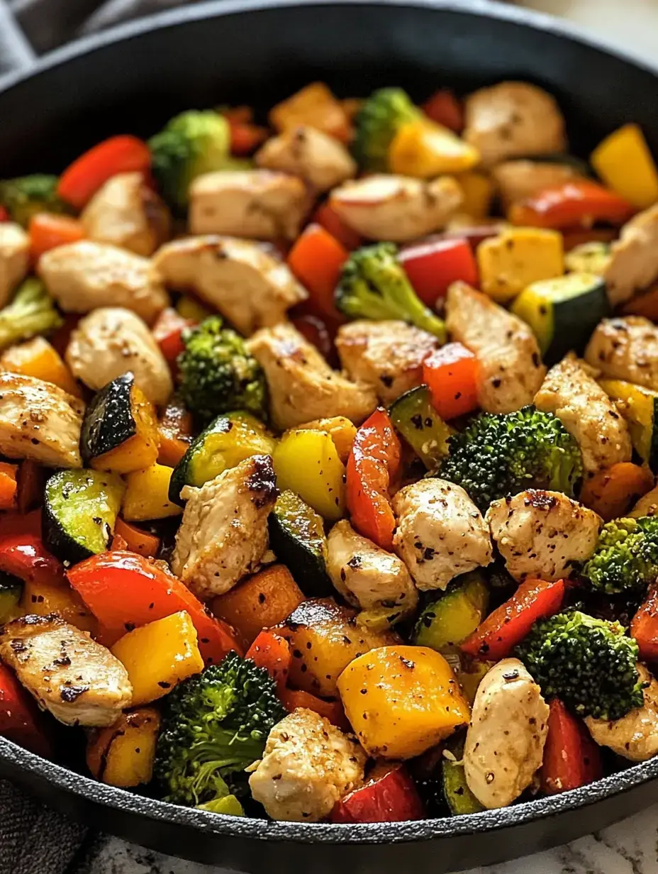 Skillet loaded with crisp veggies like zucchini, broccoli, and bell pepper plus juicy chunks of chicken.