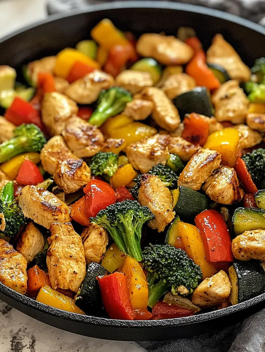 Chicken and bright veggies like zucchini, broccoli and bell pepper sizzling together in a pan.