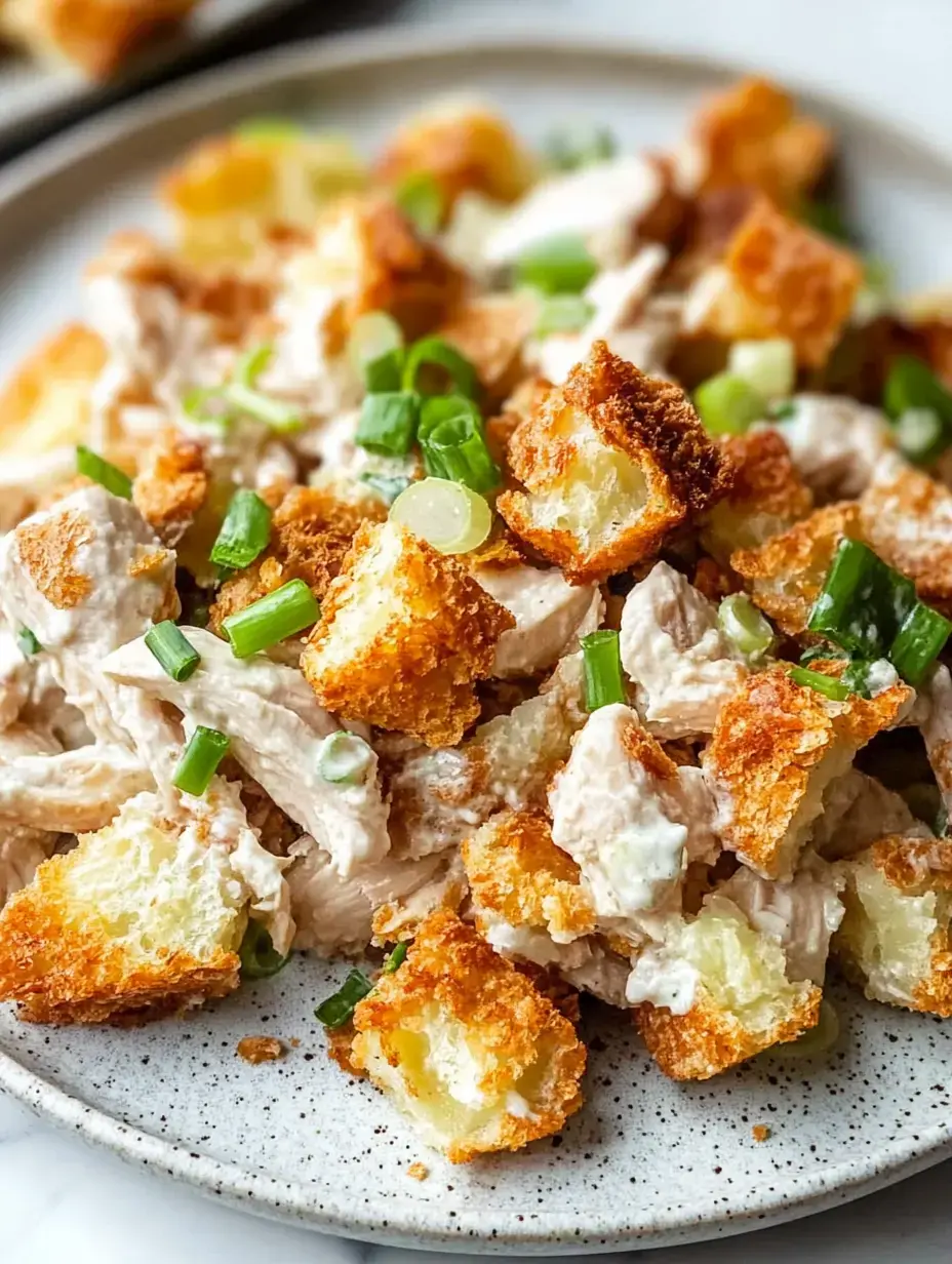 A plate piled with creamy pulled chicken salad, topped with crunchy golden toast chunks and fresh green onions.