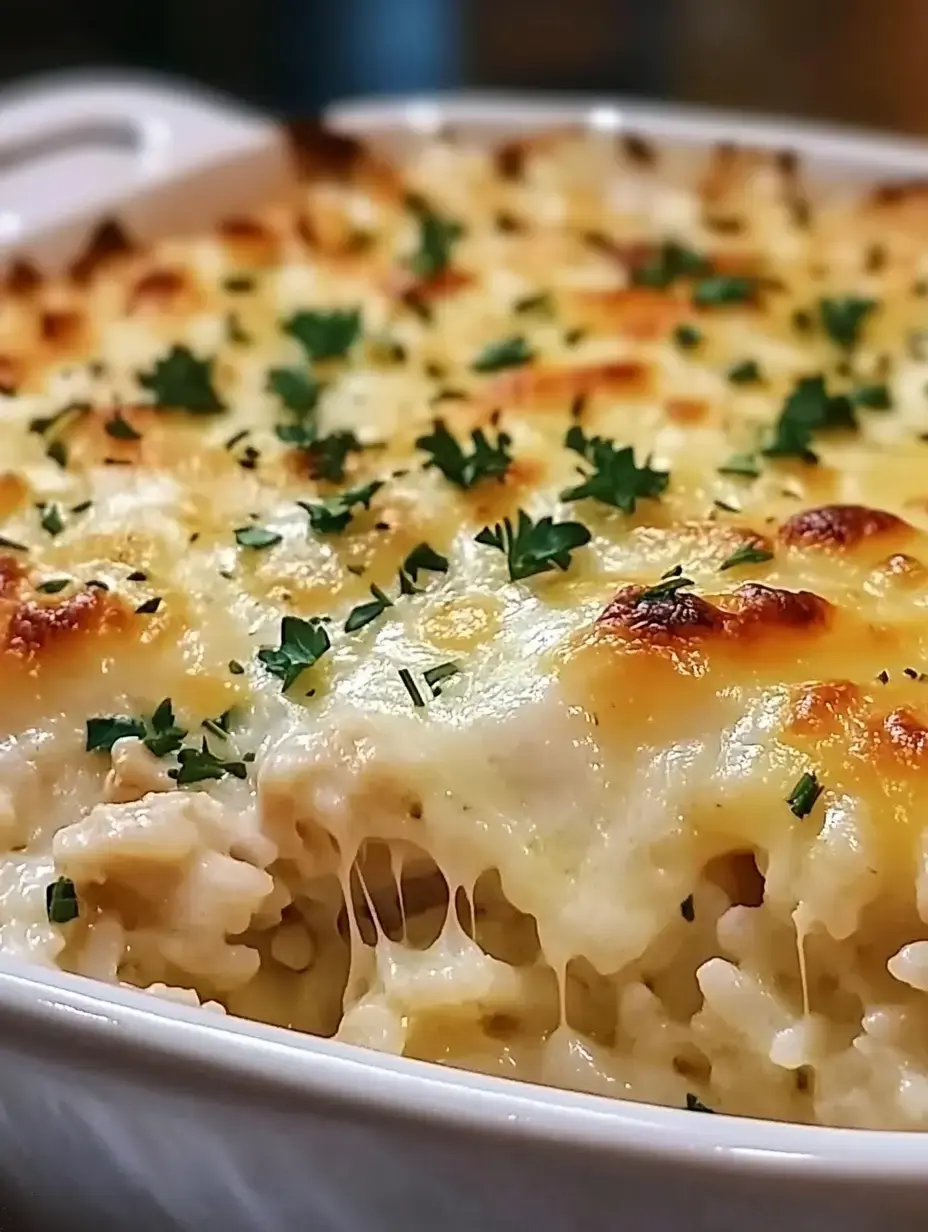 Golden, cheesy casserole blanket with gooey cheese and a sprinkle of fresh herbs on top.