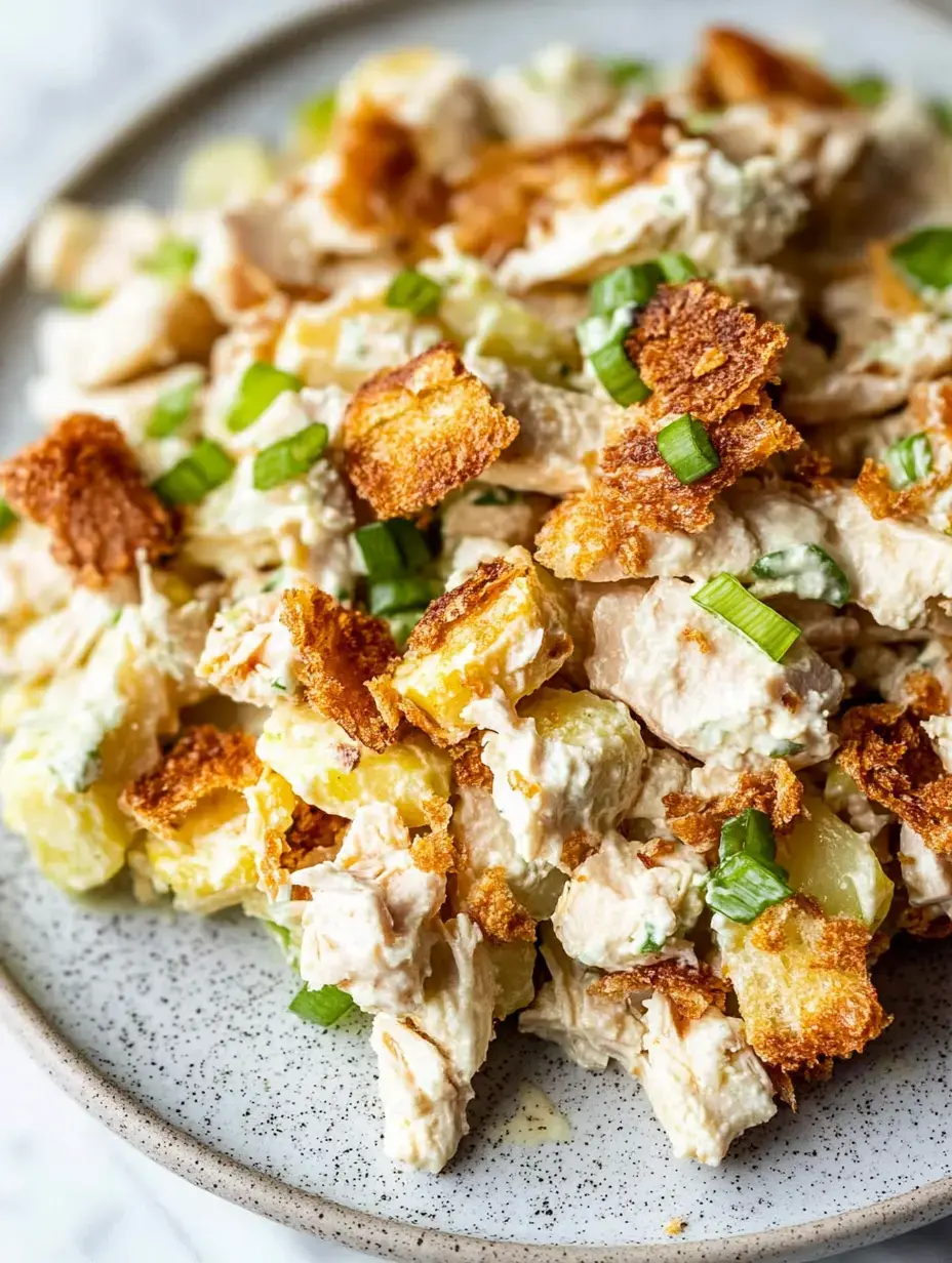 Zoomed-in plate of creamy chicken salad topped with toasted bread chunks and lawn-green onions.