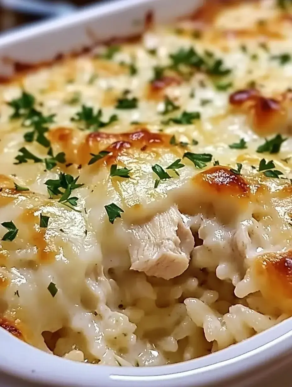 Melted cheese-topped chicken and rice casserole with a bright pop of parsley.