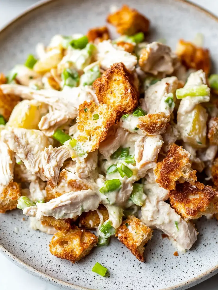 A dish of pulled chicken with chopped green onions and crispy toasted bread pieces smothered in creamy sauce.