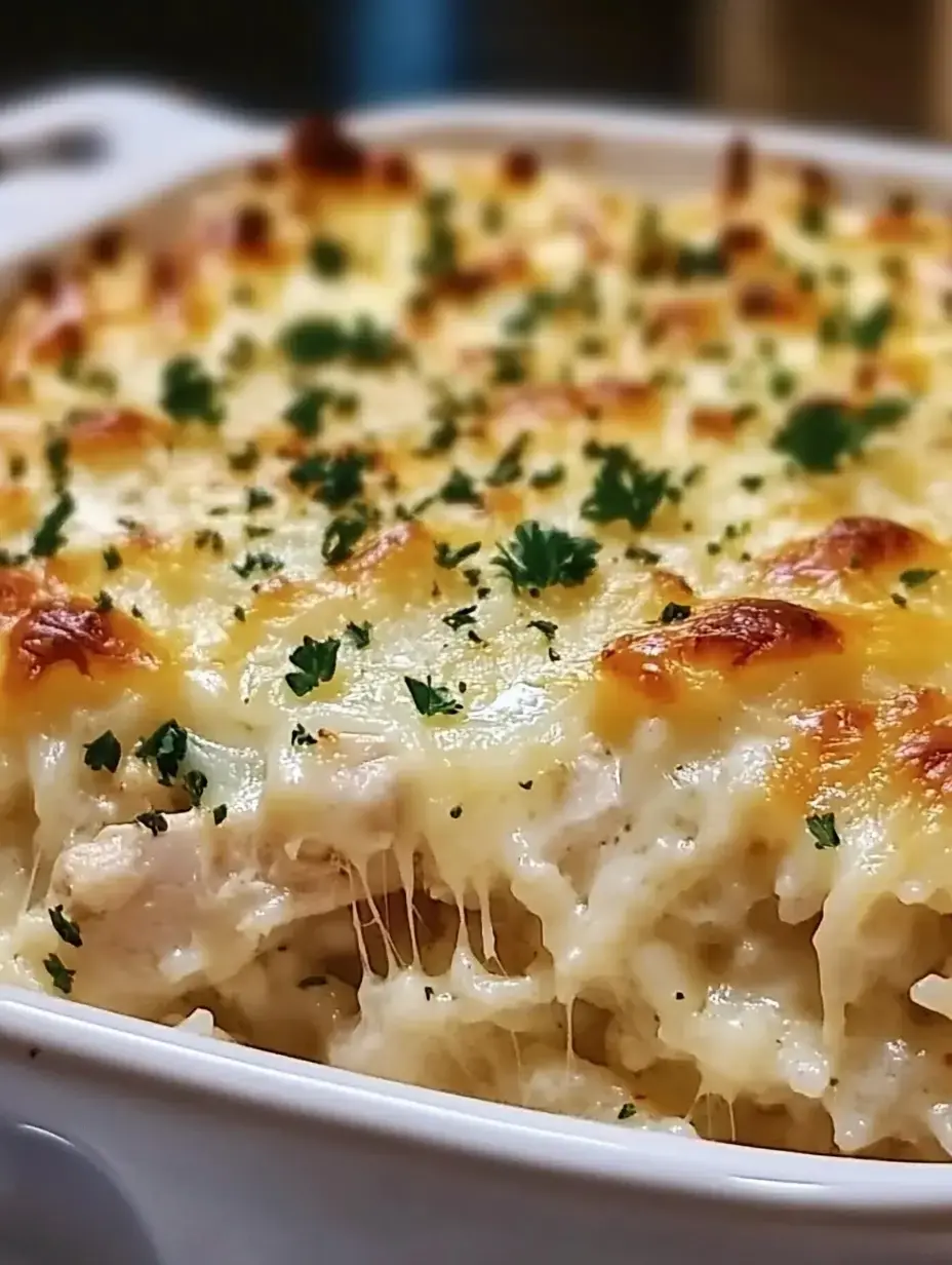 Creamy casserole up close, cheesy on top and finished with bright chopped parsley.