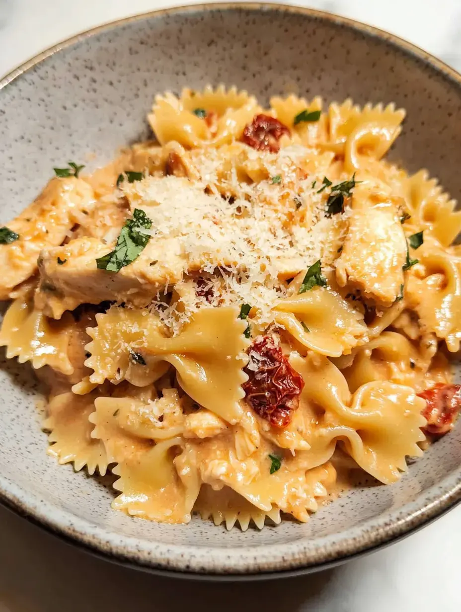 A bowl of pasta with a creamy chicken sauce, topped with cheese and sun-dried tomatoes.