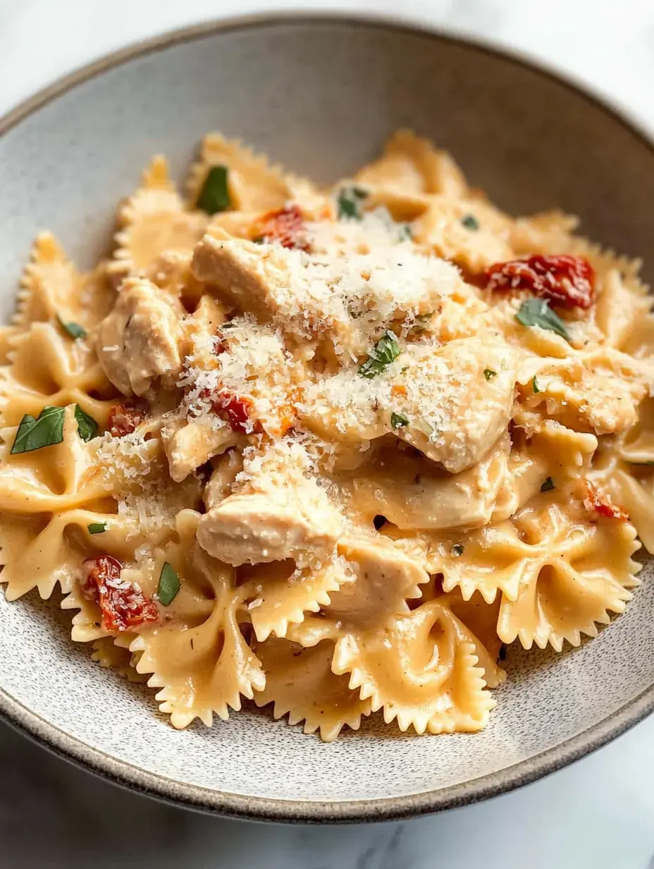 Pasta with creamy sauce, chunks of chicken, sun-dried tomatoes, and cheesy topping in a bowl.