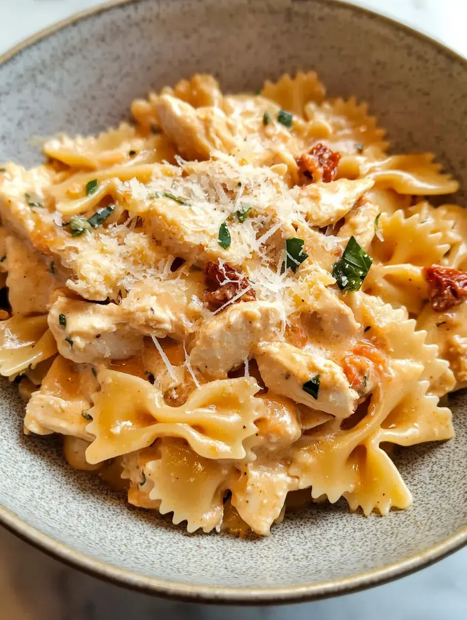 Farfalle pasta bowl covered in creamy sauce, lots of cheese, sun-dried tomatoes, and scattered herbs.