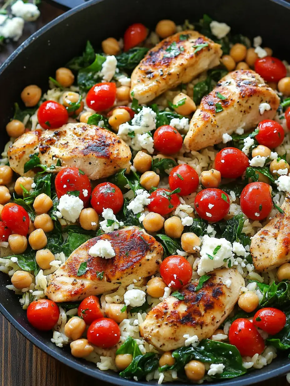 A skillet loaded with juicy chicken pieces, chickpeas, colorful tomatoes, wilted spinach, and a sprinkle of feta over fluffy rice.