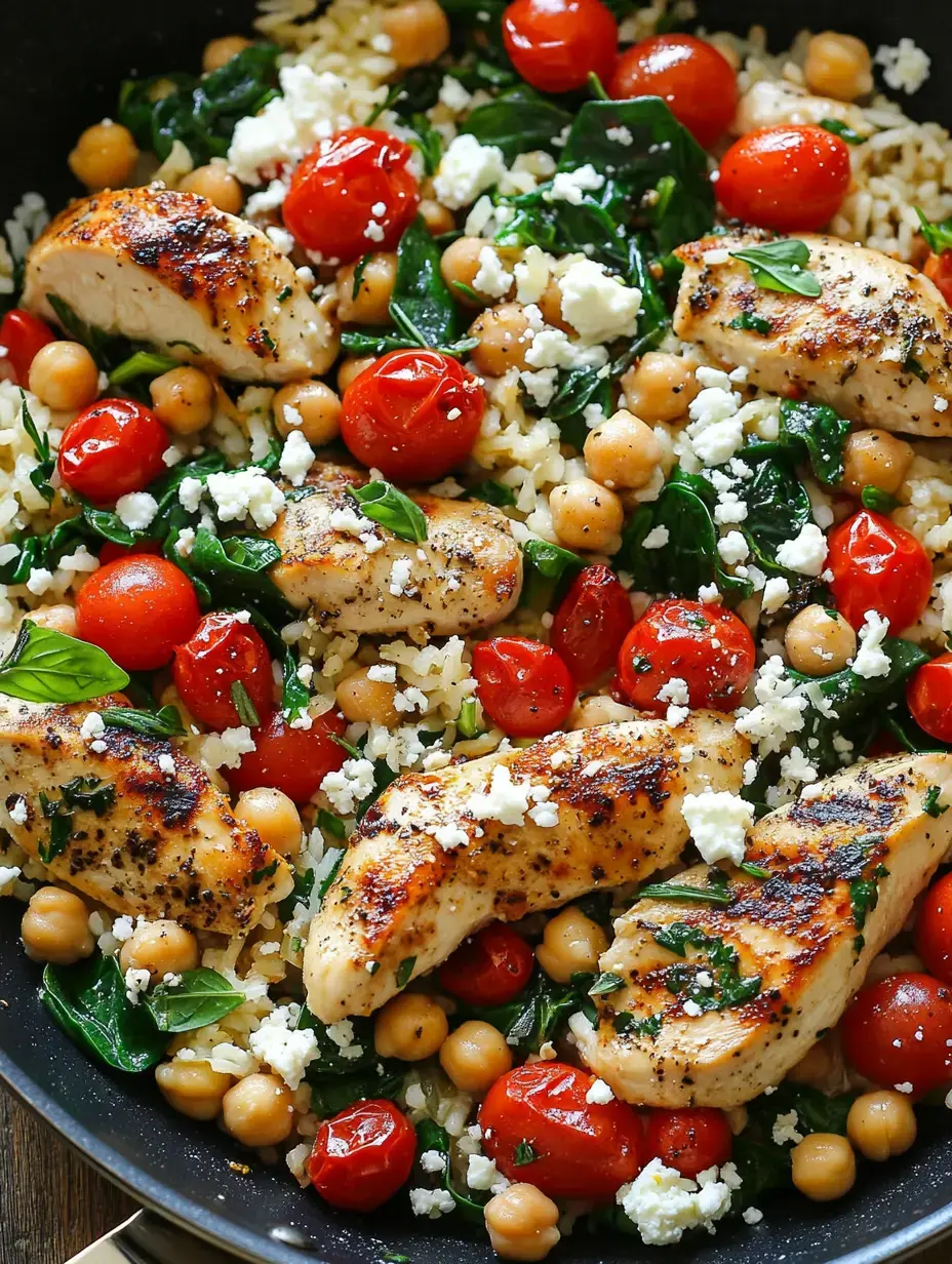 A big skillet with golden chicken, juicy tomatoes, spinach, chickpeas, and crumbled feta all spread on a bed of rice.