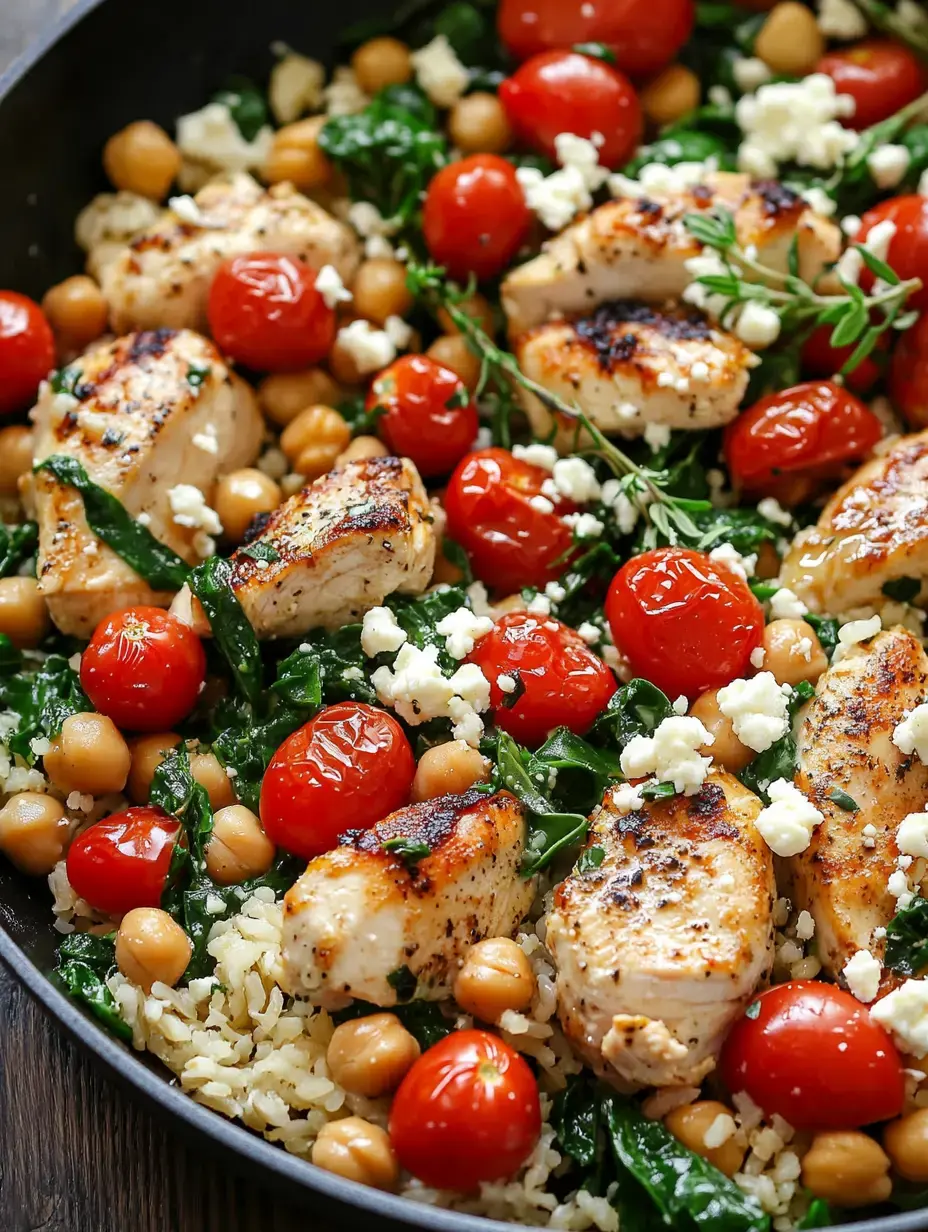 A serving skillet showing grilled chicken pieces, tomatoes, spinach, chickpeas, and crumbled feta layered over rice.