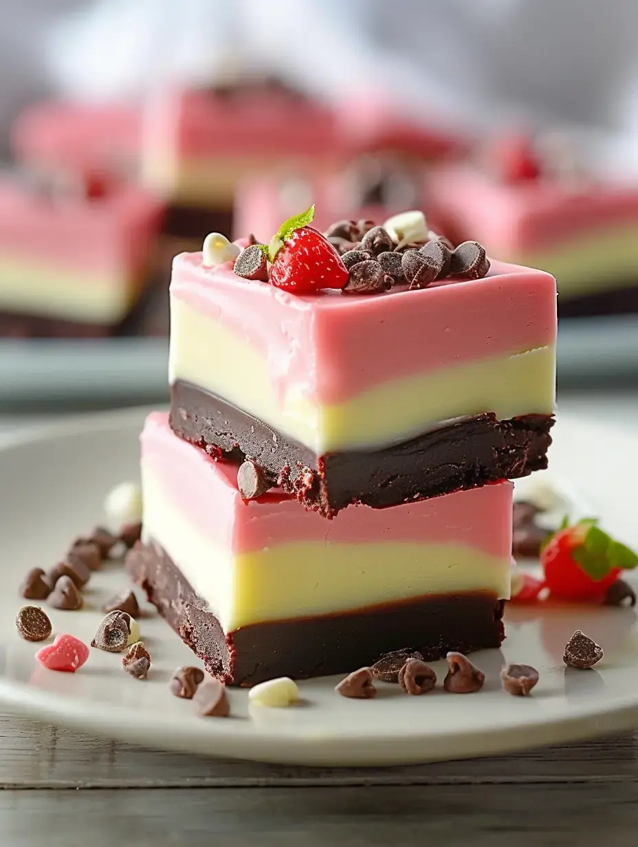 Close-up shot of two sweet layered bars showing chocolate, yellow, and pink layers, all topped with a little strawberry and extra chocolate chips on a plate.